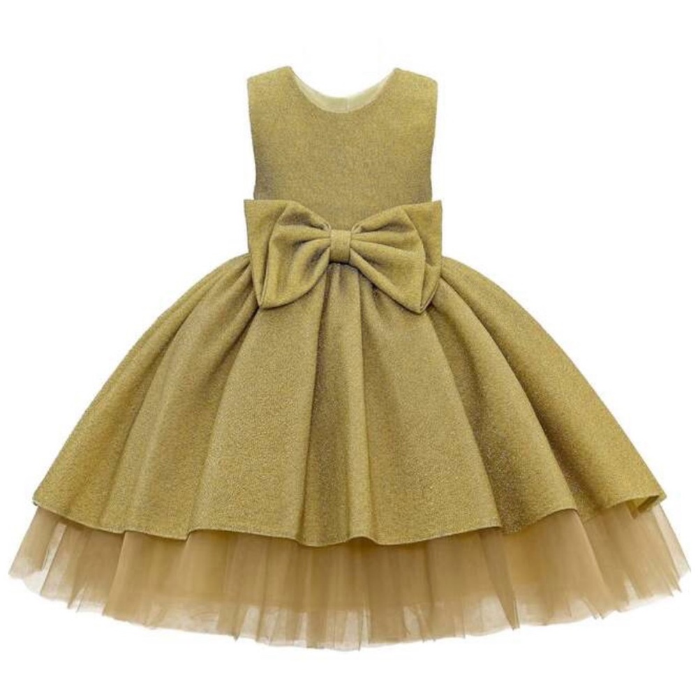 Stunning Girls Gold Glitter Double Bow dress, Worn Once